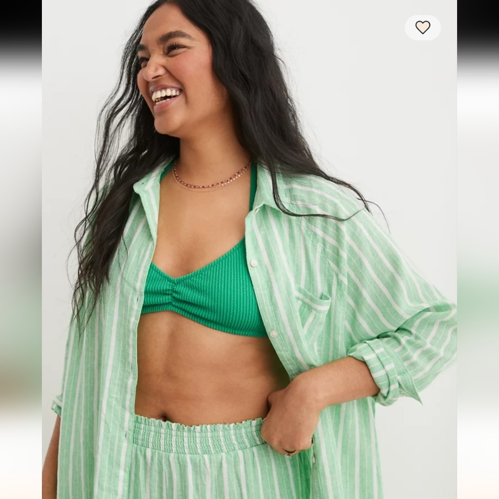 Aerie Linen Green Striped Button-Down Cover-up S